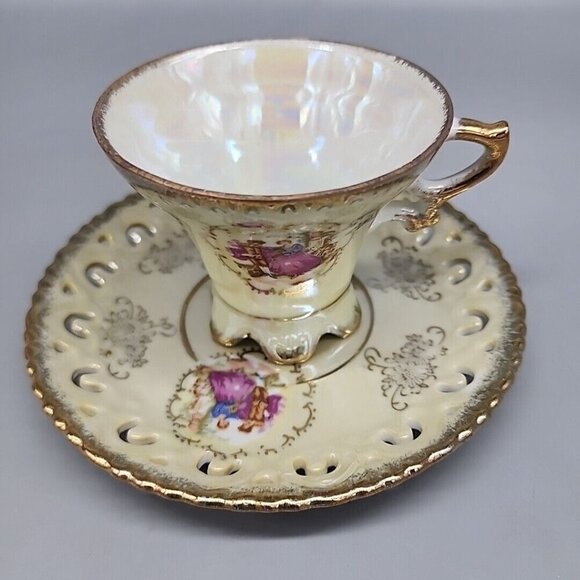 Vintage Enesco Tea Cup & Saucer Set Iridescent Gold Edge Victorian Women - Picture 1 of 8